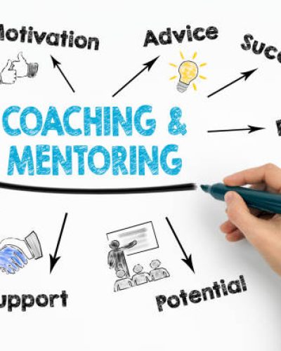Coaching and Mentoring Concept. Chart with keywords and icons on white background