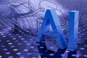 Photo by Steve A Johnson 3D rendered ai text on dark digital background